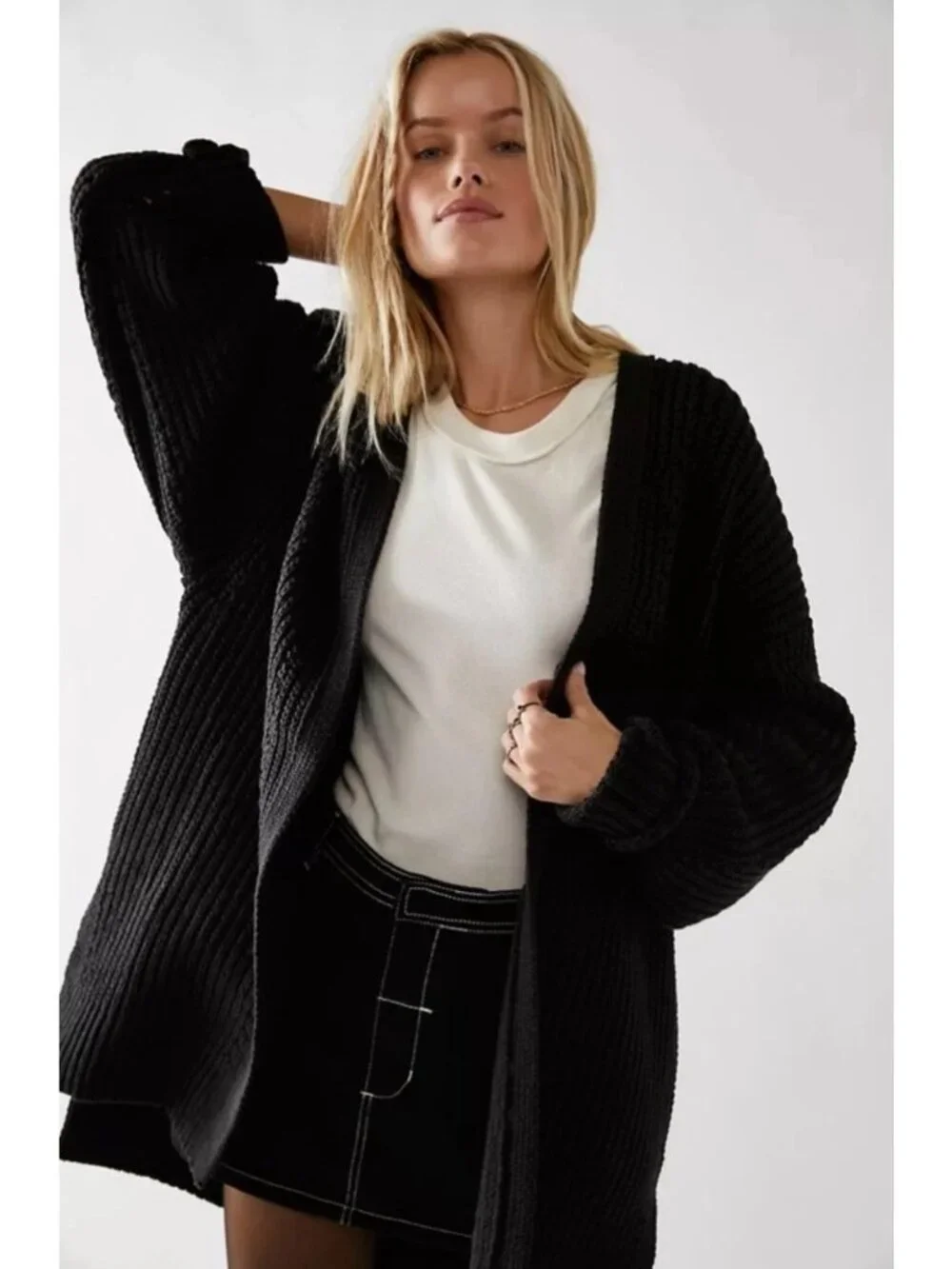Free People Nightingale Cardigan Knit Open Front in Black - Large - Picture 1 of 9